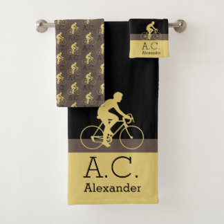 Monogram Naam Fiets Goud Zwart Grijs | Beige Bad Handdoek