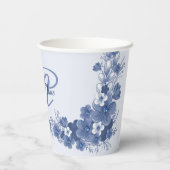 Monogram Naam Floral Blue Grey Rustic Elegant Papieren Bekers (Achterkant)