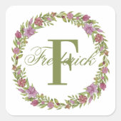 Monogram naam Floral met groene Paarse roze Vierkante Sticker (Voorkant)