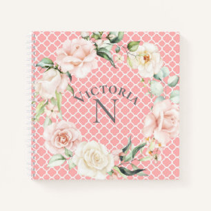 Monogram Naam Floral Waterverf Damask Notitieboek