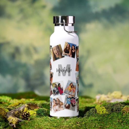 Monogram naam foto collage waterfles (Buiten)