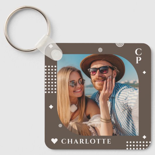 Monogram Naam Foto Trendy Simple Modern Sleutelhanger (Voorkant)