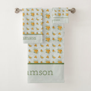 Monogram naam geel groen bloemig cottage kern bad handdoek