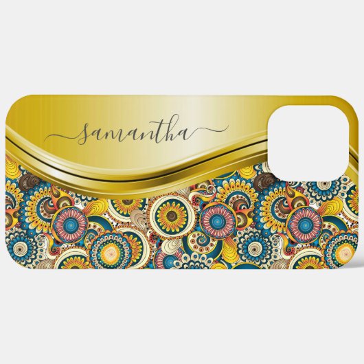 Monogram Naam Geel Retro Abstract Patroon Case-Mate iPhone Case (Achterkant / Rechts)