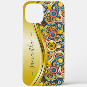 Monogram Naam Gele Retro Abstract Patroon iPhone 12 Pro Max Hoesje