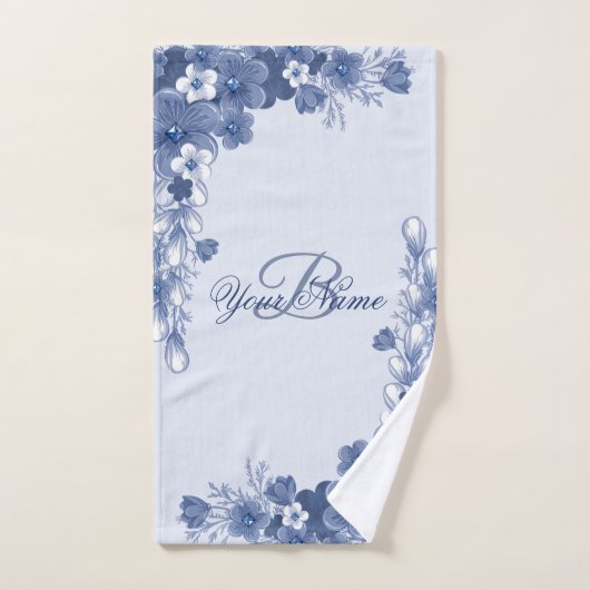 Monogram Naam Gift Floral Blue Elegant Rustic Handdoek (Handdoek)