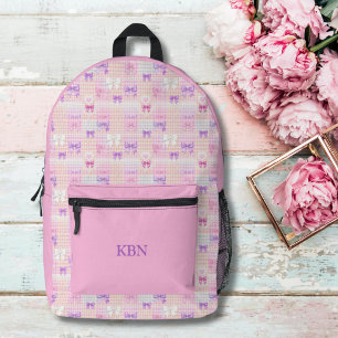 Monogram Naam Gingham Coquette Bows Pink Girls Bedrukte Rugzak