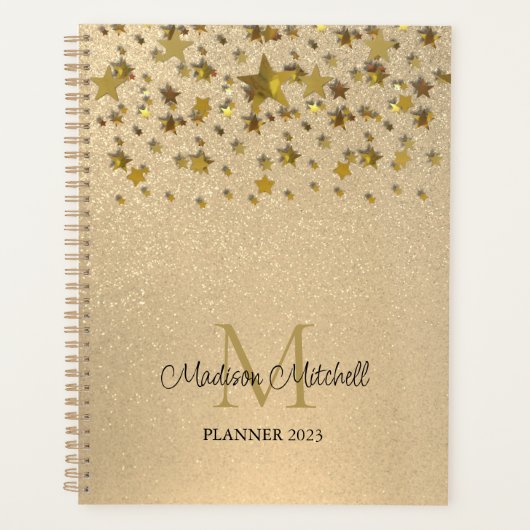 Monogram naam Gold Glitter Stars 2023 Planner (Voorkant)