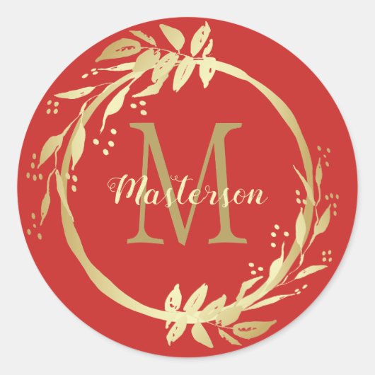 Monogram naam Gold Red Kerstmis Wreate Ronde Sticker (Voorkant)