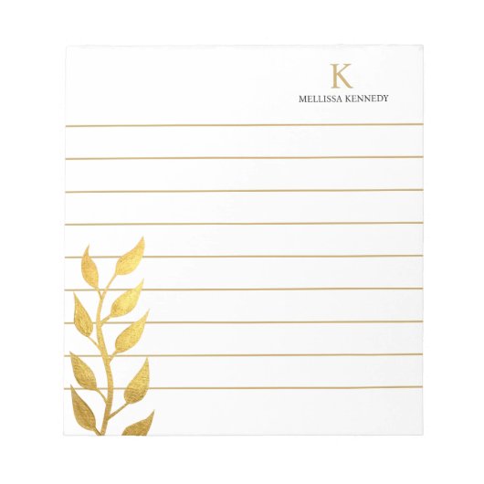 Monogram Naam Golden Leaves Gold Lined Notitieblok (Voorkant)