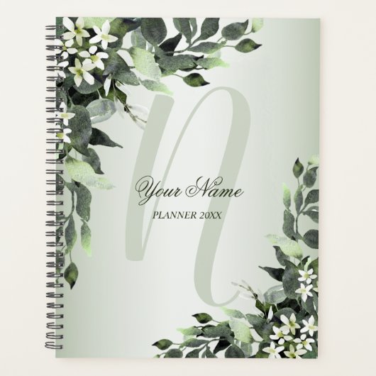 Monogram Naam Greenery Floral Eucalyptus Leaves Planner (Voorkant)