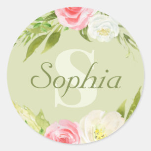 Monogram naam Groene roze Waterverf Floral Ronde Sticker
