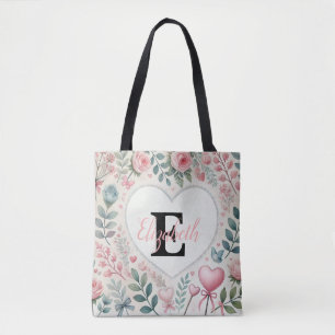 Monogram naam harten florale waterverf draagtas