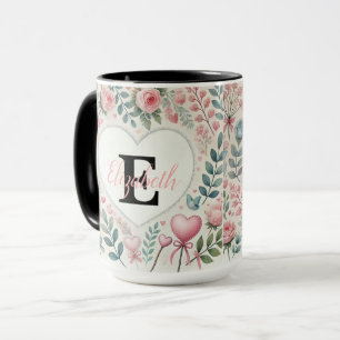 Monogram naam harten florale waterverf mok