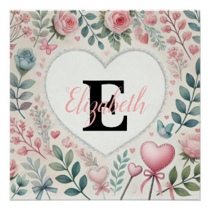 Monogram naam  harten florale waterverf perfect poster