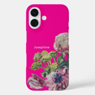 Monogram naam heet roze vet waterverf bloemig iPhone 16 hoesje