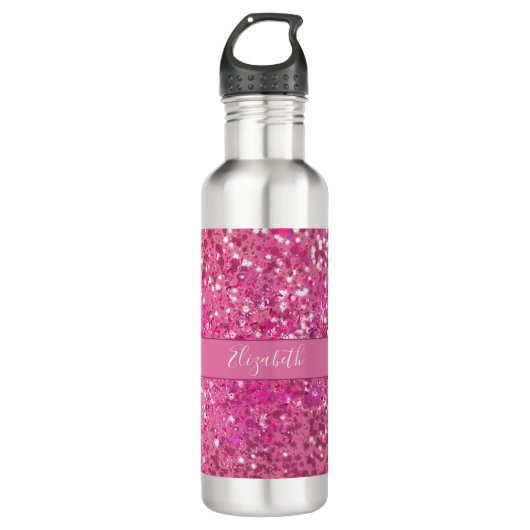 Monogram naam Hot Pink Glitter Sparkle Girly Glam Waterfles (Voorkant)