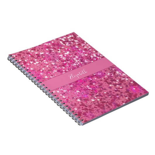 Monogram Naam Hot Pink Glitter Sparkle Girly Notitieboek (Rechterzijde)