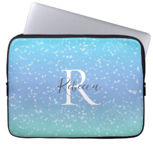 Monogram Naam Initiaal Blauwe Groene Sparkle Girly Laptop Sleeve