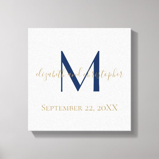 Monogram Naam Initiaal Blue Gold Wedding Date Gift Canvas Afdruk (Voorkant)