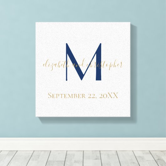 Monogram Naam Initiaal Blue Gold Wedding Date Gift Canvas Afdruk (Insitu (Houten vloer))