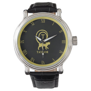 Monogram Naam Initiaal Kitty Cat Lover Black Gold Horloge