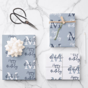 Monogram Naam Initiaal Patroon Happy Birthday Blue Inpakpapier Vel