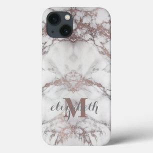 Monogram Naam Initiaal Roos Gold White Grey Marble iPhone 13 Hoesje