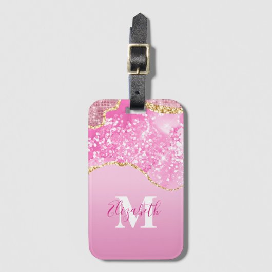 Monogram Naam Initiaal Roze Glam Glitter Bagagelabel (Voorkant (verticaal))