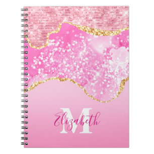 Monogram Naam Initiaal Roze Glam Glitter Notitieboek