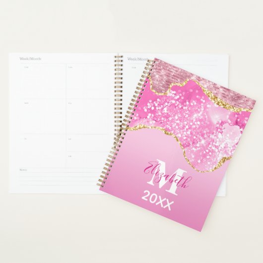 Monogram Naam Initiaal Roze Glam Glitter Planner (Display)