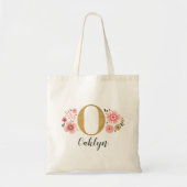 Monogram Naam Initiaal Roze Goud Bloem Tote Bag (Voorkant)