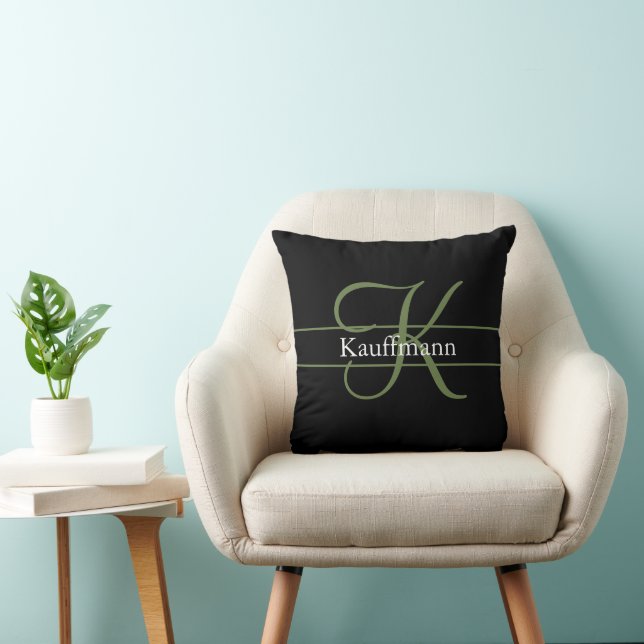 Monogram naam initiaal script zwart groen wit kussen (Stoel)