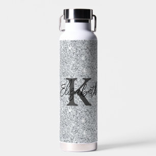 Monogram Naam Initiaal Silver Glitter Girly Trendy Waterfles