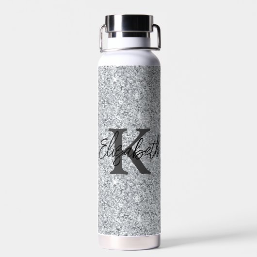 Monogram Naam Initiaal Silver Glitter Girly Trendy Waterfles (Achterkant)