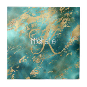 Monogram Naam Initiaal Turquoise Green Gold Marble Tegeltje
