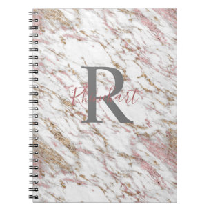 Monogram Naam Initiaal White Grey Gold Pink Marble Notitieboek