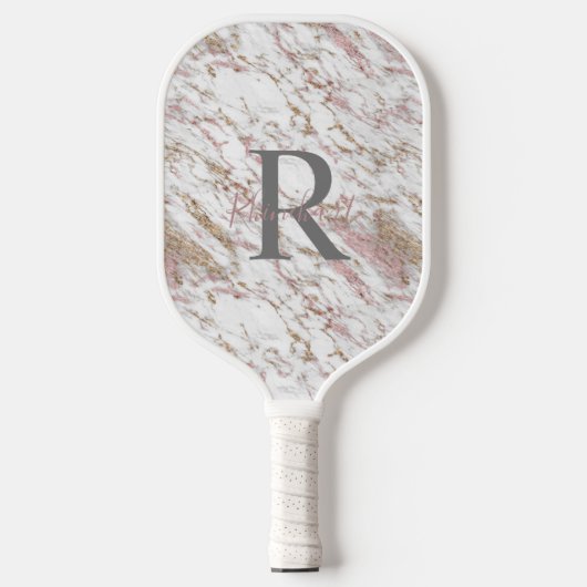 Monogram Naam Initiaal White Grey Gold Pink Marble Pickleball Paddle (Voorkant)