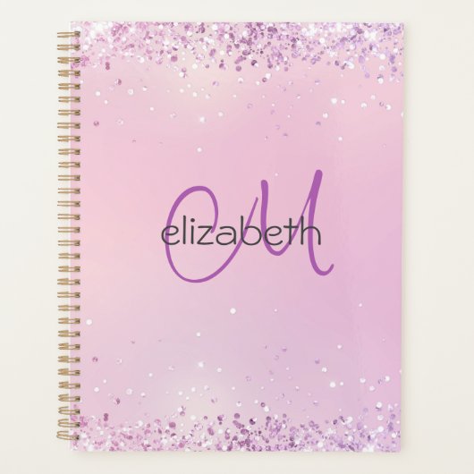 Monogram Naam Initialen Roze Paarse Glitter Planner (Voorkant)