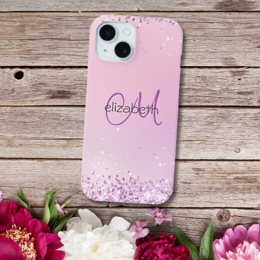 Monogram naam initialen roze paarse glitters Case-Mate iPhone case