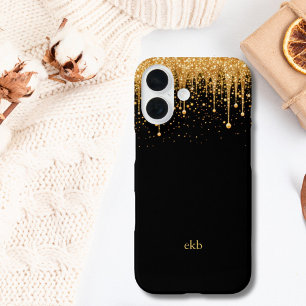 Monogram Naam Initialen Zwart Goud Druppelende Gli iPhone 16 Hoesje