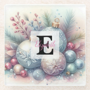 Monogram naam kerstboom ornamenten waterverf glazen onderzetter
