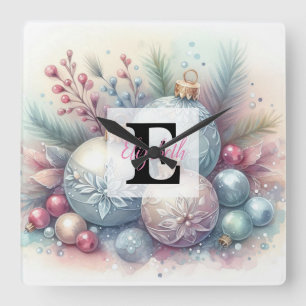 Monogram naam kerstboom ornamenten waterverf vierkante klok