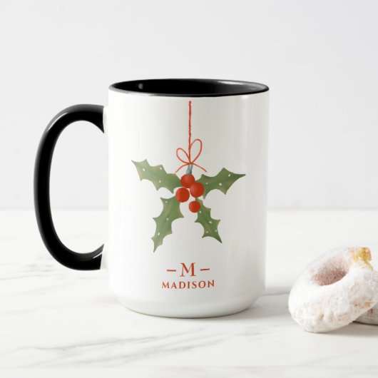 Monogram Naam Kerstmis Holly Winter Floral Mok (Met donut)