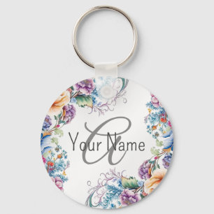 Monogram Naam Kleurrijk Floral Lijst Elegant Moder Sleutelhanger