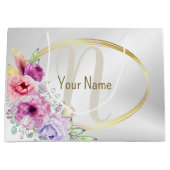 Monogram naam Kleurrijk Roze Bloem Motief Gouden F Groot Cadeauzakje (Voorkant)