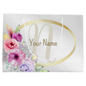 Monogram naam Kleurrijk Roze Bloem Motief Gouden F Groot Cadeauzakje (Achterkant)