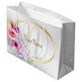 Monogram naam Kleurrijk Roze Bloem Motief Gouden F Groot Cadeauzakje (Achterkant Gekanteld)