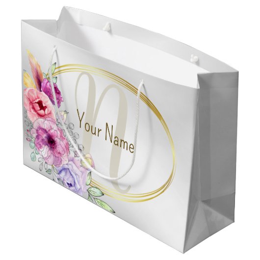 Monogram naam Kleurrijk Roze Bloem Motief Gouden F Groot Cadeauzakje (Achterkant Gekanteld)