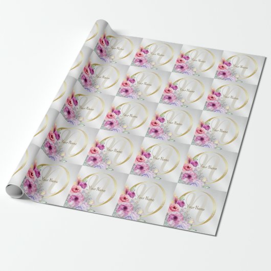 Monogram Naam Kleurrijk Roze Bloemen Gouden Lijst Cadeaupapier (Uitgerold)